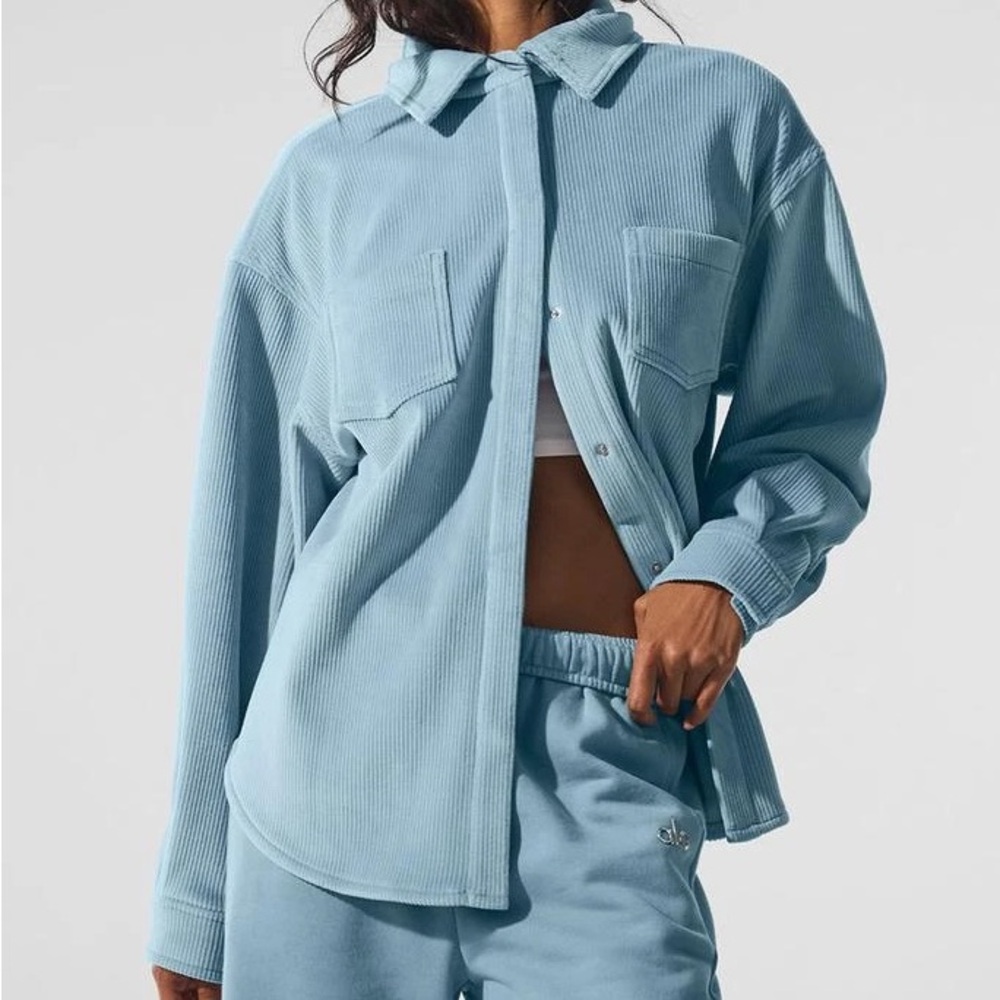 Alo Yoga Ribbed Velour Mountain Side Shacket Celestial Blue XS